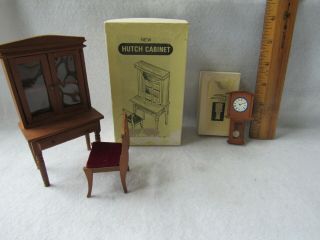 Vintage Miniature Wooden Dollhouse Hutch Chair & Monticello Clock 1:12 Scale Box
