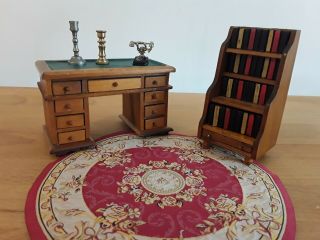 Dolls House Furniture Antique Style Desk And Bookcase Candlesticks Telephone Rug