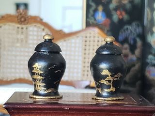 Dollhouse Miniature Artisan Chinese Style Hand Painted Metal Jars 1:12