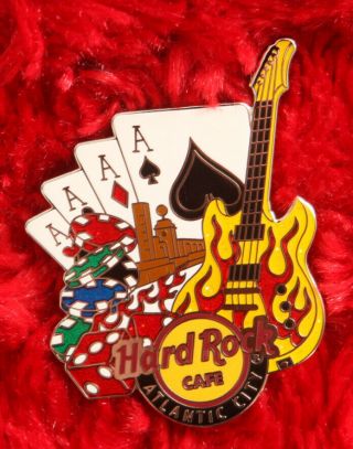 Hard Rock Cafe Pin Atlantic City Poker Cards Guitar Flame Chip Hat Lapel Casino