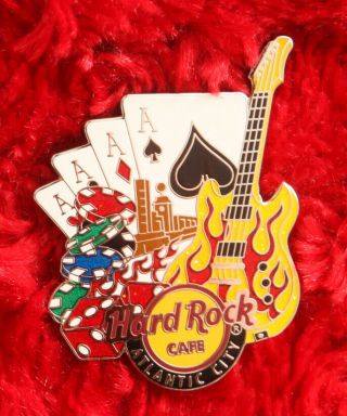 Hard Rock Cafe Pin Atlantic City POKER CARDS GUITAR Flame chip hat lapel casino 2