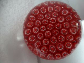 Vintage Art Glass Red Millefiori Circles Paperweight 3 " Diameter X 2 1/4 " H