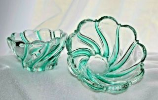 Mikasa,  Crystal Art Glass Peppermint Swirl 5.  5 " & 3 " Bowls Green & Clear