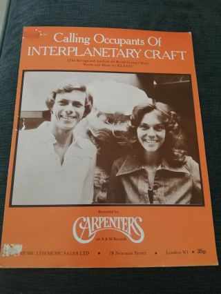 Carpenters Calling Occupants Of Interplanetary Craft Rare 1977 Sheet Music