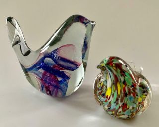 2 Art Glass Multicolored Bird Figurines Or Paperweights