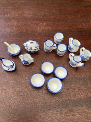 Vintage Doll’s House Miniature Tea Set Blue & White Oriental