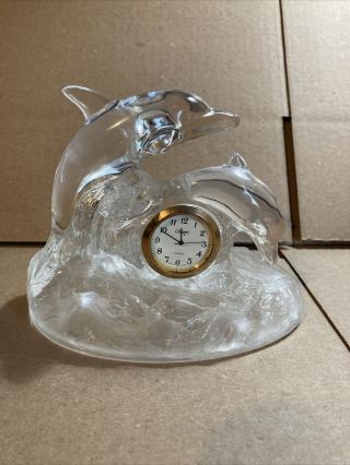 Cristal D’arques France Lead Crystal Dolphins With Clock Heavy Piece