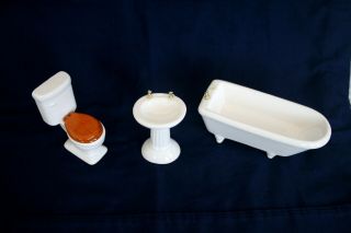 Vintage Miniature Dollhouse Porcelain 3 Piece Bathroom Set,  Toilet Has Wood Seat