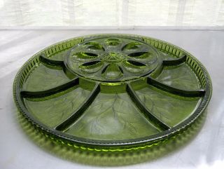 Indiana Glass Green Pebble Leaf Egg Relish 12 3/4 " Tray Platter