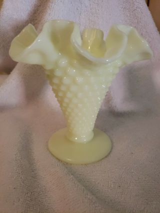 Vintage Fenton Glass Hobnail Flower Vase Yellow Opalescent Ruffled Rim