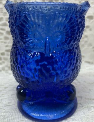 Blue Vaseline Glass Owl Bird Toothpick / Toothbrush Q - Tip Holder Uranium Cobalt