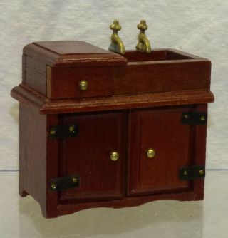 Vintage Dollhouse Miniature Wood Dry Sink Cabinet W/ Faucets Drawer & Doors