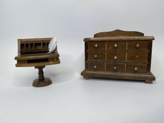 Dollhouse Miniature 1:12 Pedistal Desk And Dresser,  Vintage - Missing 1 Knob