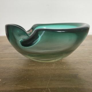 Art Glass Bowl Dish Ash Tray Murano Style Clear Green Teal Trinket