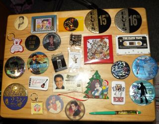 Elvis Presley - 27 Assorted Elvis Items - Buttons,  Ornaments,  & Other Items