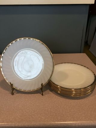 6 Fire King White Ivory Milk Glass With Gold Trim Swirl Dinner Plates 9 "
