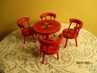 Vintage Red Painted Wood Doll House Patio Table & 4 Chairs Japan