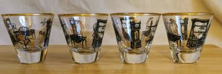 4 Mid Century Modern Libbey Lowball Drinking Glasses,  Black,  Gold,  Rare Htf Jo