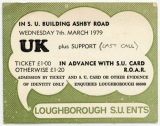 Uk Bruford John Wetton Allan Holdsworth Loughborough University 7/3/79 Ticket