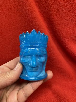 St.  Clair Slag / Opaque Glass Blue Indian Head Toothpick Holder