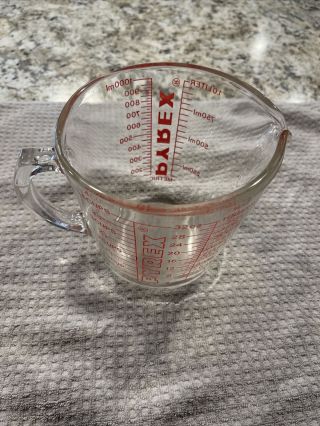 Pyrex Glass 4 Cup/1 Quart/1 Liter Measuring Cup D Handle Red Letters