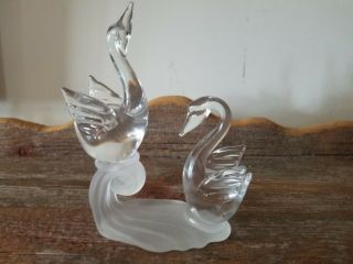 Clear Glass Swans On A Frosted Glass Wave 7 1/4 " High 6 " Across No Chips