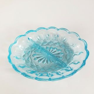 Indiana Aqua Blue Thumb Print Oval Divided Trinket Candy Dish Depression Glass 2