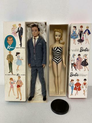 Vintage Ash Blonde 3 Ponytail Barbie Brown Eyeshadow,  Box,  Stand Base,  Ken