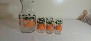 Set Of 3 Vintage Retro Anchor Hocking Orange Juice Glasses Green Leaves Footed
