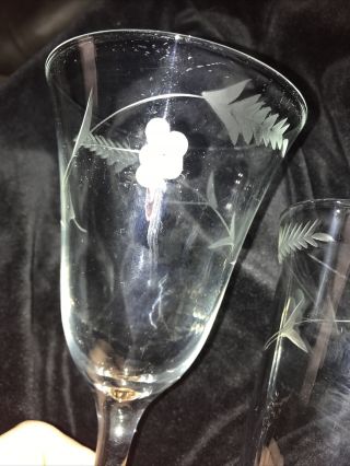 2 Clear Etched Floral Wine Goblets.  Unknown Maker 7 1/2 In