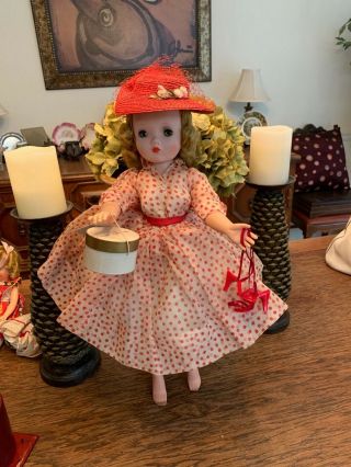 Madame Alexander 20” Cissy Doll Red/white Organdy Polka Dot Dress Hatbox In Hand