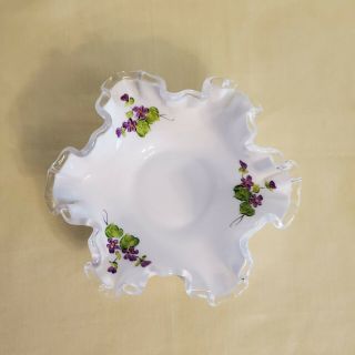 Vtg Fenton Silver Crest Ruffled Dish Violets Hand Painted & Signed Nancy Gribble
