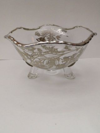 Clear Glass Candy Dish Silver Overlay Floral Poppy Design 3 Footed Bowl