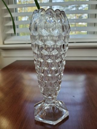 Fostoria American Clear Glass Bud Vase Hexagon Cubist Foot Cupped Top Vintage