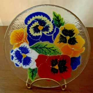 Hand - Painted Fused Glass Trinket Dish/plate Vibrant Colorful Pansy Design Signed