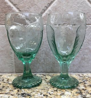 Libbey Rock Sharpe Chivalry Green Water Goblet 6.  5 " Vintage Replacement Pair (2)