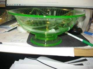 Vintage Depression Glass Green Serving Bowl,  Measures 4 1/2 " High And 9 1/2 Acros