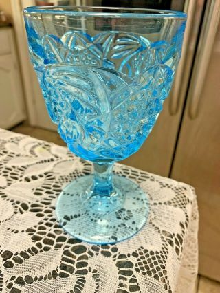 Vintage Aqua Blue Early American Pattern Glass Goblet 6” Tall