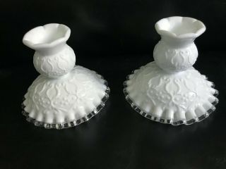 Vintage Fenton White Silver Crest Spanish Lace Candle Holders Signed