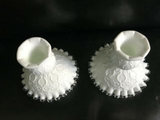 Vintage Fenton White Silver Crest Spanish Lace Candle Holders Signed 2