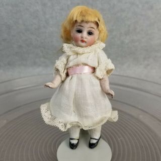 4 - 1/2 " Antique All Bisque German Miniature Dollhouse Doll With Glass Eyes Marked