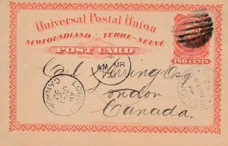 Newfoundland To Canada St Johns Queen Victoria 2c Upu Card Carriers Mark 1892