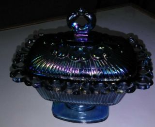 Contemporary Blue Iridescent Carnival Glass Candy Dish With Lid
