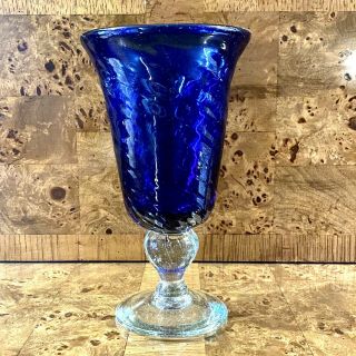 Vintage Cobalt Blue Glass Water Goblet Clear Ball Stem 7 3/4 "