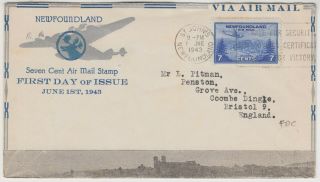 Newfoundland 1943 7c Air Stamp On Official Illustrated Fdc St John - England