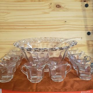 Vintage Imperial Glass Open Lace Edge Punch Bowl 10 Cups & Ladle Sears 1940 