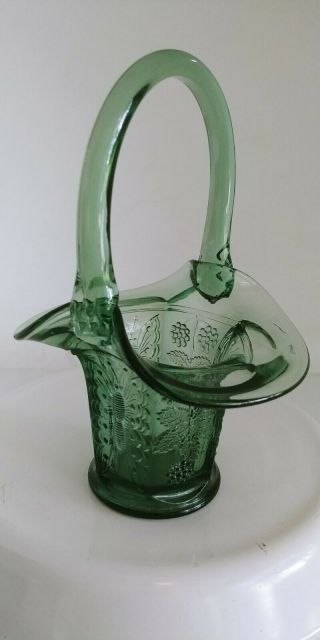 Vintage Fenton Art Glass Green Butterfly And Berries Basket Circa 1980s