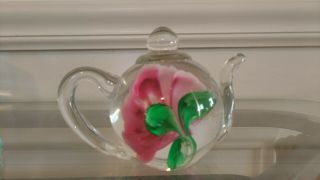 Dynasty Gallery Heirloom Collectible Teapot With Pink Rose Paperweight Art Glass 2