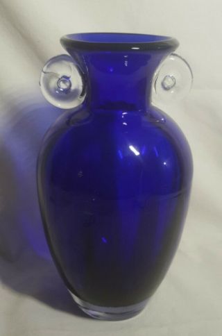 Vintage Hand Blown Cobalt Blue Glass Flower Vase Polished Bottom Applied Handles