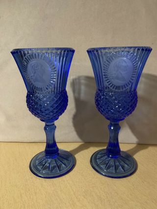 Vintage Set Of 2 Avon George Washington Cobalt Blue Glass Goblets By Fostoria